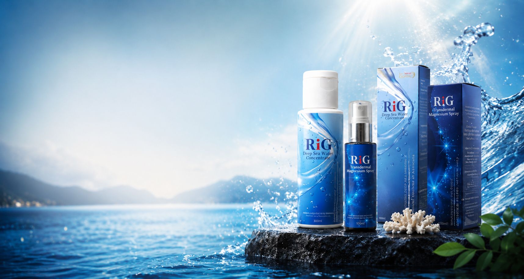 RiG Deep Sea Water Concentrate and Transdermal Magnesium Spray on a rock beside clear ocean water